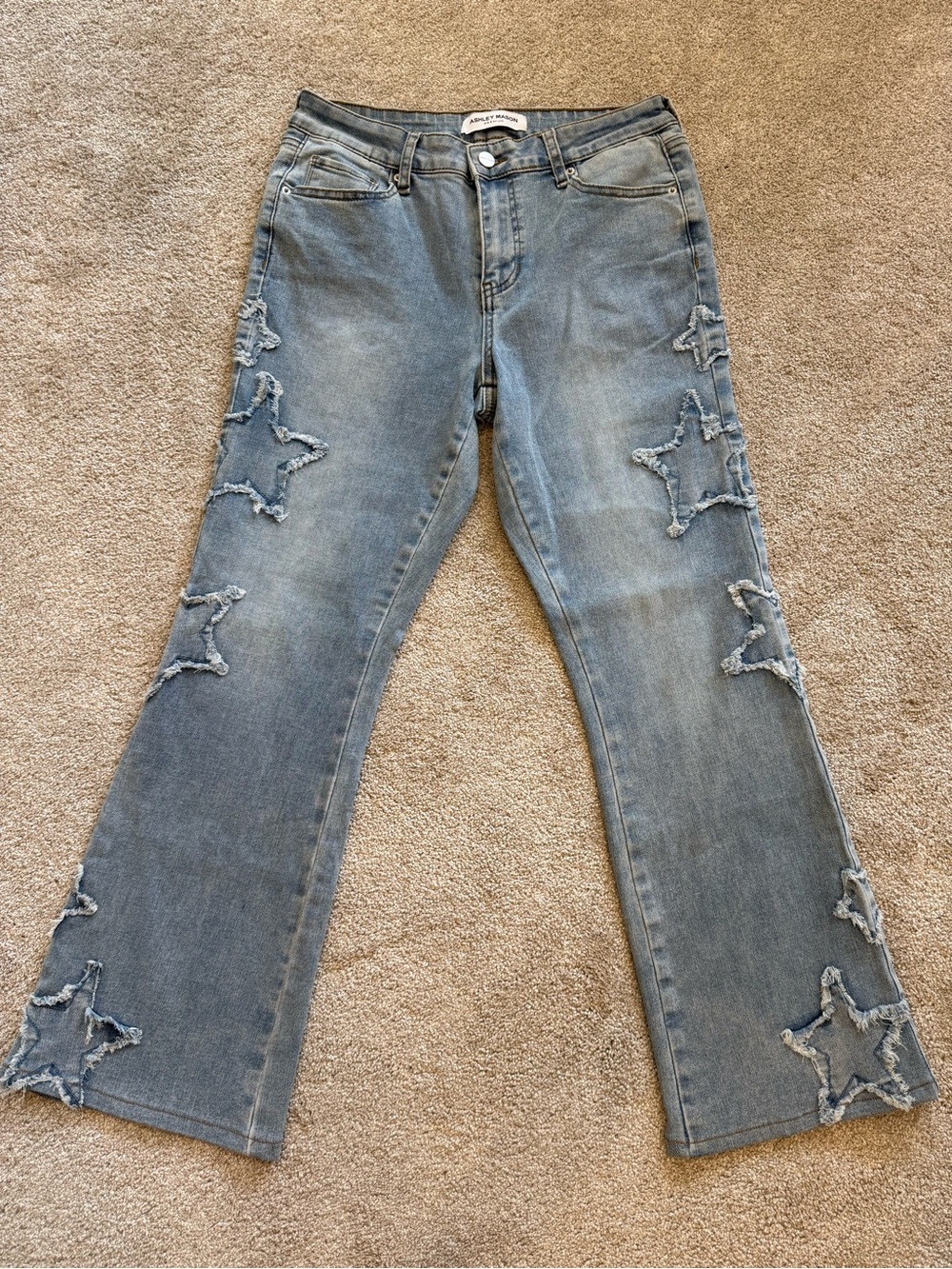 Ashley Mason Star Patch Wide Leg Jeans Wmns 7/28 Light Wash Y2K Distressed Denim